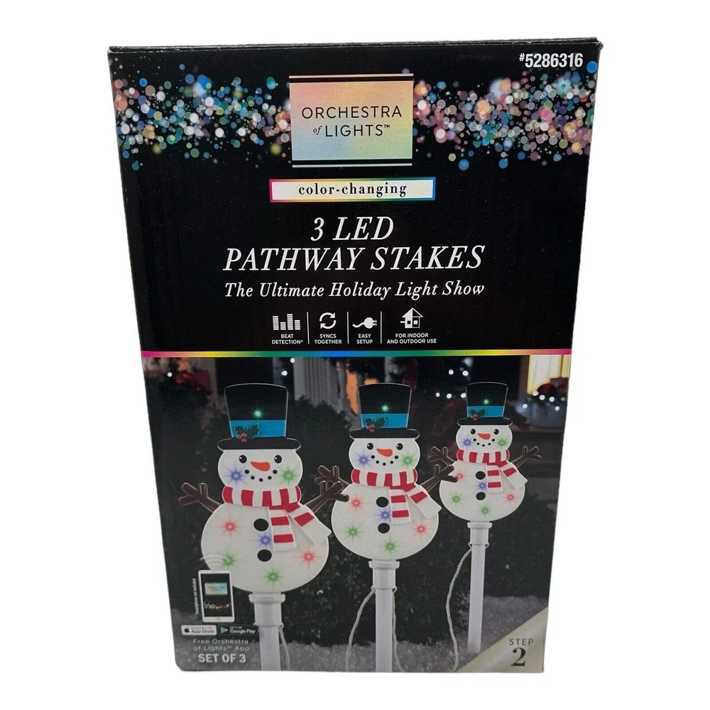 Gemmy Orchestra of Lights‎ Color-Changing LED Snowman Pathway Stakes Lights 3 Pk